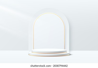 Vector 3D abstract studio room with pedestal podium. White and gold geometric platform with arch backdrop. Luxury scene for cosmetic products presentation. Showcase, Mock up, Promotion display case.