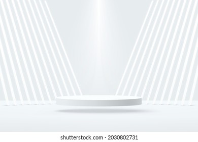 Vector 3D abstract studio room with pedestal podium. White geometric platform floating on air with perspective neon tube. Futuristic scene for cosmetic products display. Showcase, Promotion display.