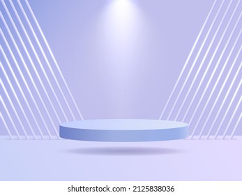 Vector 3D abstract studio room with pedestal podium. Lavender geometric platform floating on air with perspective neon tube. Futuristic scene for cosmetic products display. Showcase Promotion display.