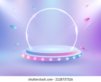 Vector 3D abstract studio room with pedestal podium. Abstract scene background. Product presentation, mock up, show cosmetic product, Podium, stage pedestal or platform with neon light