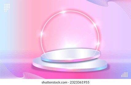 Vector 3D abstract studio room with pedestal podium. Abstract scene background. Product presentation, mock up, show cosmetic product, Podium, stage pedestal or platform with neon light