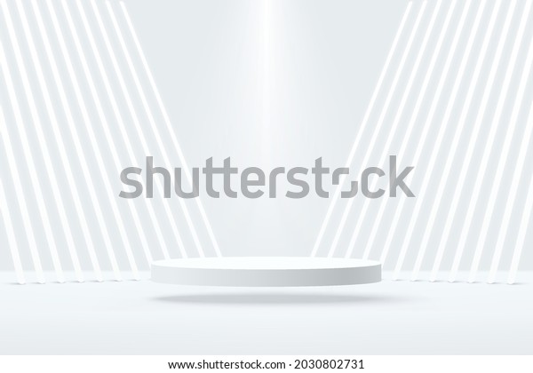 Vector 3D abstract studio room with pedestal
podium. White geometric platform floating on air with perspective
neon tube. Futuristic scene for cosmetic products display.
Showcase, Promotion
display.