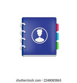 Vector 3d address and phone book icon isolated on white background. Blue Contact book design template with businessman face silhouette and color notes. Organizer and personal diary label