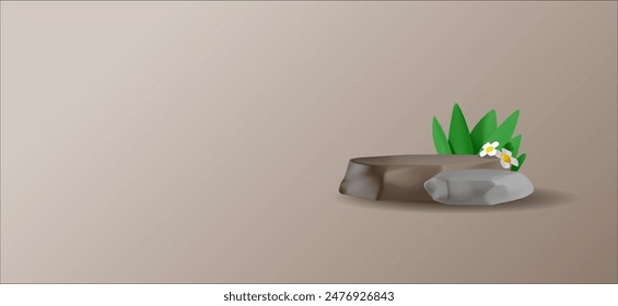 Vector 3D advertising banner with a stone podium, which is located near green leaves and flowers. Ideal for product display. Poster of rough stone blocks for design ideas. Place for text.