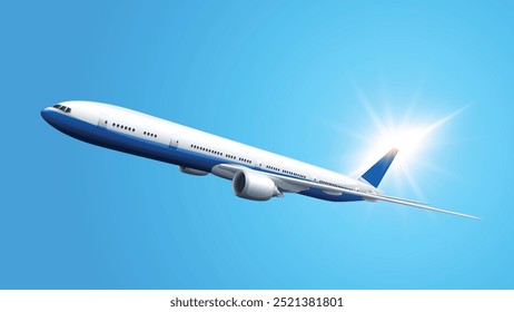 Vector 3d airplane in blue background. Airplane concept. Plane Air transportation.Advertising banner. Airplane flying in sky. Airplane concept. Plane Air transportation.Advertising banner.