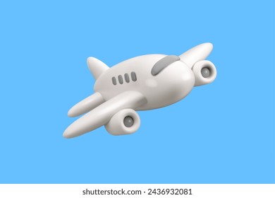 Vector 3d airplane icon. Simple cartoon white passenger plane render, flying jet in the sky, isolated on blue background. Summer holiday journey design element