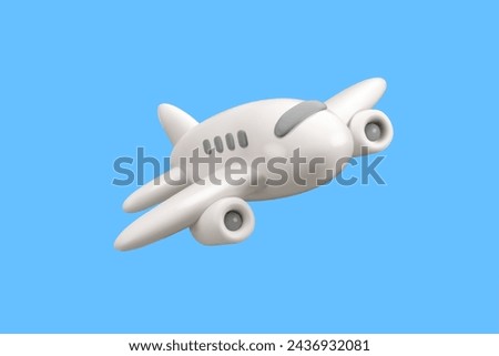 Vector 3d airplane icon. Simple cartoon white passenger plane render, flying jet in the sky, isolated on blue background. Summer holiday journey design element