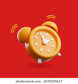 Vector 3d alarm clock icon is orange in color in vintage style, isolated on a red background for graphics related to time, deadlines and waking up from sleep