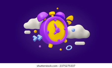 Vector 3d alarm clock illustration. Cartoon watch in the sky on dark background. Time concept composition, web banner