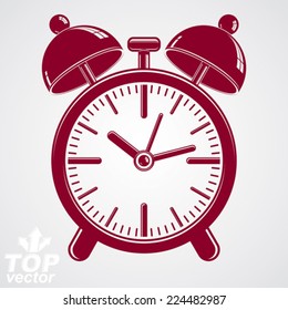 Vector 3d alarm clock with two symmetric bells, wake up conceptual icon. Graphic design element get up theme. Red retro timer with clang bells.