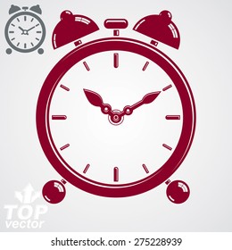 Vector 3d alarm clock with two symmetric bells. Wake up conceptual icon, additional version included. Graphic design element Ã?Â¢?? get up theme. Red retro timer with clang bells.