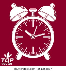 Vector 3d alarm clock with two symmetric bells, wake up conceptual icon. Graphic design element. Red retro timer with clang bells