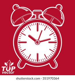 Vector 3d alarm clock with two symmetric bells, wake up conceptual icon. Graphic design element,get up theme. Red retro timer with clang bells