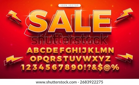 Vector 3d Alphabet Font Set with Sale Typography Lettering and Shadow on Red Background. Modern Typeface Design Collection with ABC, Number and Special Characters for Promotional Banner, Business Post
