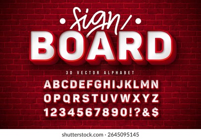 Fonte de placa de vetor 3d alfabeto definido com caixa de quadro e sombra no fundo de parede de tijolo vintage vermelho. Coleção de design de tipografia moderna com ABC, número e caracteres especiais para banner, cartaz