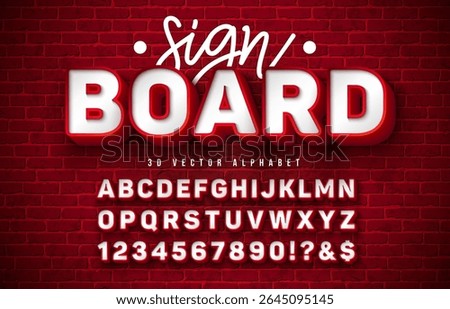 Vector 3d Alphabet Signboard Font Set with Frame Box and Shadow on Red Vintage Brick Wall Background. Modern Typeface Design Collection with ABC, Number and Special Characters for Banner, Poster
