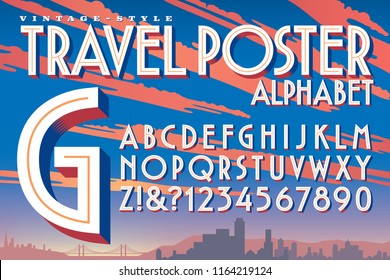 A vector 3d alphabet in the style of vintage 20th century travel posters and luggage stickers