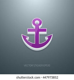 Vector 3d anchor icon. White and purple glossy plastic on gray