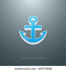 Vector 3d anchor icon. White and blue glossy plastic on gray