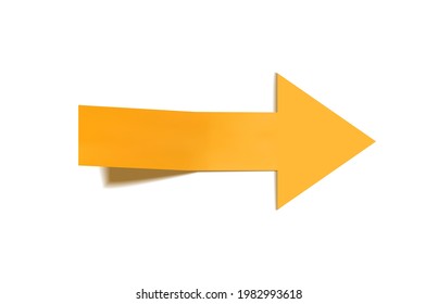 Vector 3D arrow, bright yellow color, paper arrow isolated on white background.