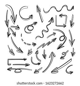 Vector 3D arrow set, black hand drawn arrows isolated on white background, contour lines.