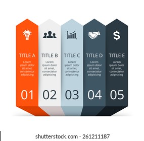 Vector 3d arrows workflow infographic. Template for diagram, graph, presentation and chart. Business stairs concept with 5 options, parts, steps or processes. Layout with menu bar.