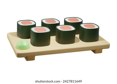 Vector 3d comida asiática de pescado con wasabi aislado sobre fondo blanco. Ilustración de sushi maki brillante con pescado rojo, salmón o atún, en un tablero Diseño de comida japonesa fresca realista