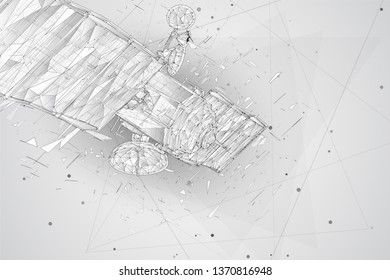 vector 3d background. communication satellite in a volumetric triangular style. abstract caotic particle explosion