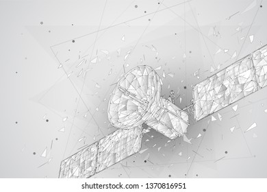 vector 3d background. communication satellite in a volumetric triangular style. abstract caotic particle explosion