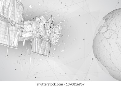 vector 3d background. communication satellite in a volumetric triangular style. abstract caotic particle explosion