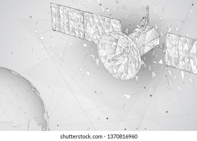 vector 3d background. communication satellite in a volumetric triangular style. abstract caotic particle explosion