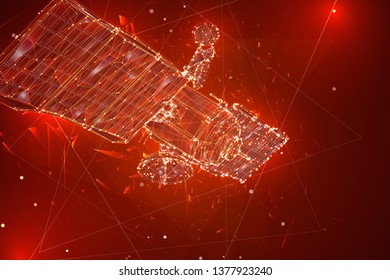 vector 3d background. communication satellite in a volumetric triangular style. abstract caotic particle explosion