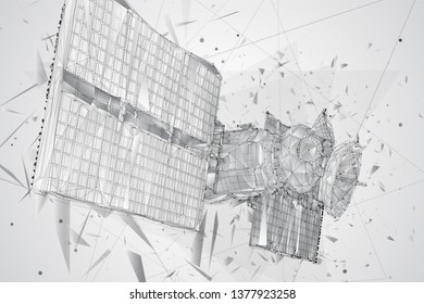 vector 3d background. communication satellite in a volumetric triangular style. abstract caotic particle explosion