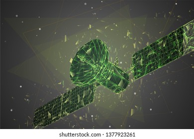 vector 3d background. communication satellite in a volumetric triangular style. abstract caotic particle explosion