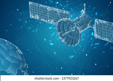 vector 3d background. communication satellite in a volumetric triangular style. abstract caotic particle explosion