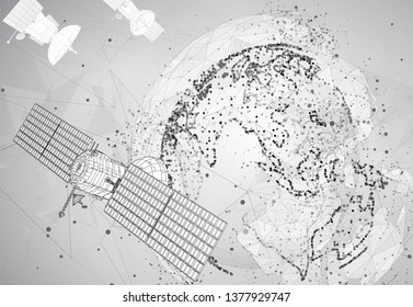 vector 3d background. communication satellite in a volumetric triangular style. abstract caotic particle explosion