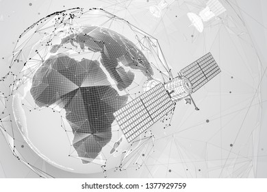 vector 3d background. communication satellite in a volumetric triangular style. abstract caotic particle explosion