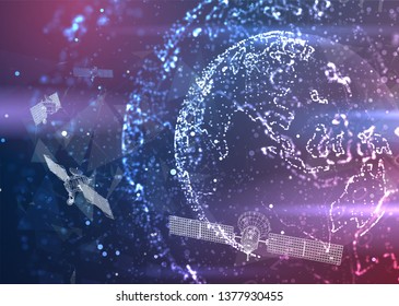 vector 3d background. communication satellite in a volumetric triangular style. abstract caotic particle explosion