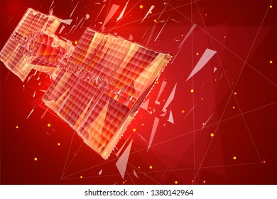 vector 3d background. communication satellite in a volumetric triangular style. abstract caotic particle explosion