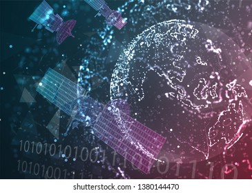 vector 3d background. communication satellite in a volumetric triangular style. abstract chaotic particle explosion