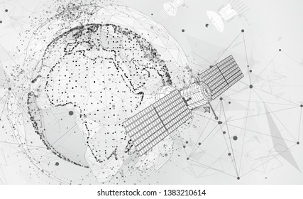 vector 3d background. communication satellite in a volumetric triangular style. abstract caotic particle explosion