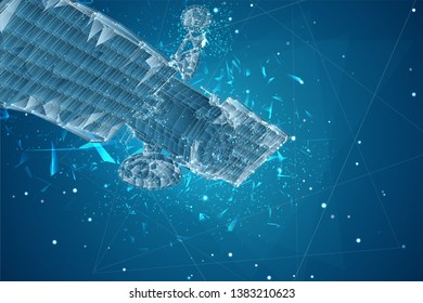 vector 3d background. communication satellite in a volumetric triangular style. abstract caotic particle explosion