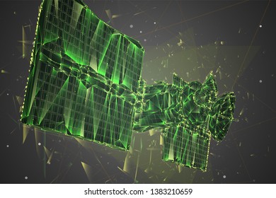 vector 3d background. communication satellite in a volumetric triangular style. abstract caotic particle explosion