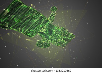 vector 3d background. communication satellite in a volumetric triangular style. abstract caotic particle explosion