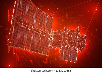 vector 3d background. communication satellite in a volumetric triangular style. abstract caotic particle explosion