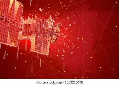 vector 3d background. communication satellite in a volumetric triangular style. abstract caotic particle explosion