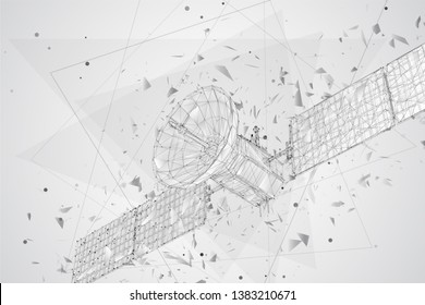 vector 3d background. communication satellite in a volumetric triangular style. abstract caotic particle explosion