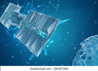 vector 3d background. communication satellite in a volumetric triangular style. abstract caotic particle explosion