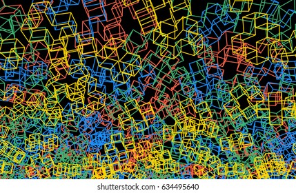 Vector 3D background with crosses or plus signs. Wireframe 3D blocks flying in space. Editable stroke width. Red, blue, yellow and green colorful lines on black background.