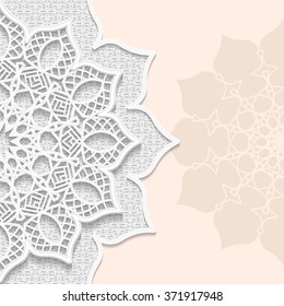 Vector  3D  background, festive pattern embossing,  lace paper card, arabic decoration, indian ornament, template greetings,